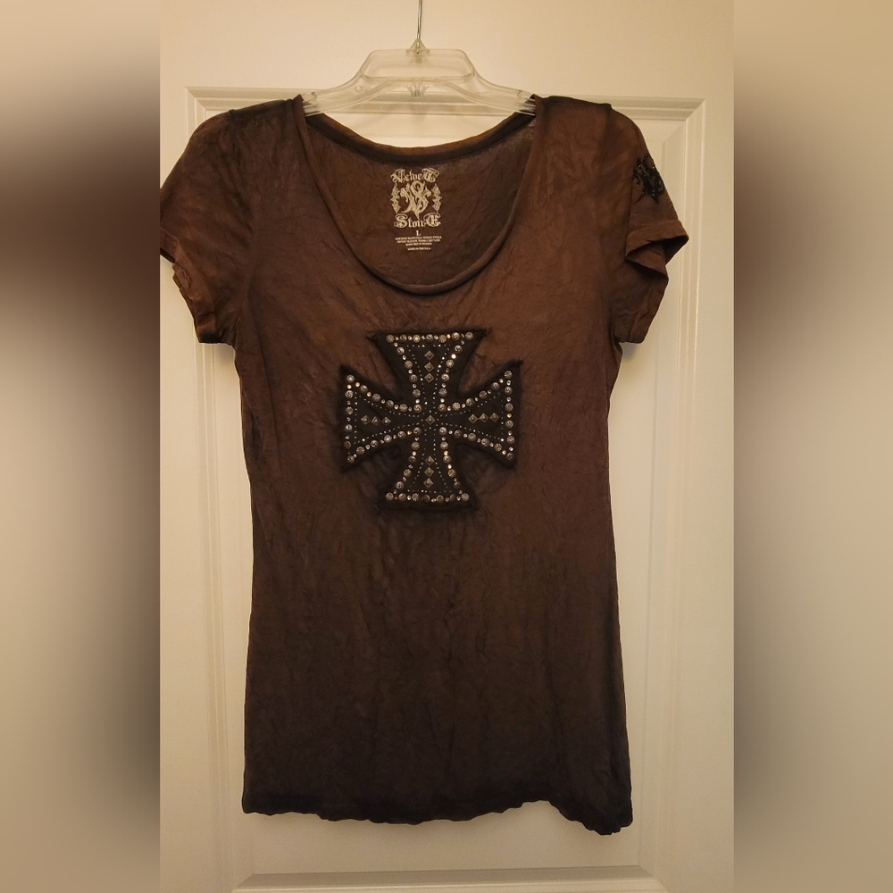 Velvet Stone Studded Cross Brown Tee Shirt Large Excellent Condition